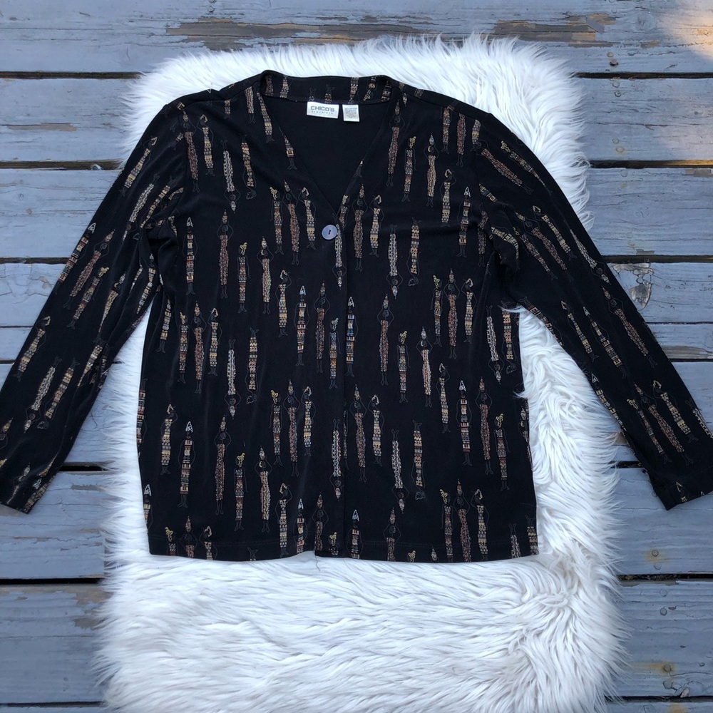 Chico’s Travelers Novelty Tribal African Print Textured Brown Black Cardigan 3